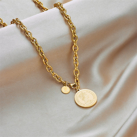 Stainless Steel Gold Necklace with Coin Pendant